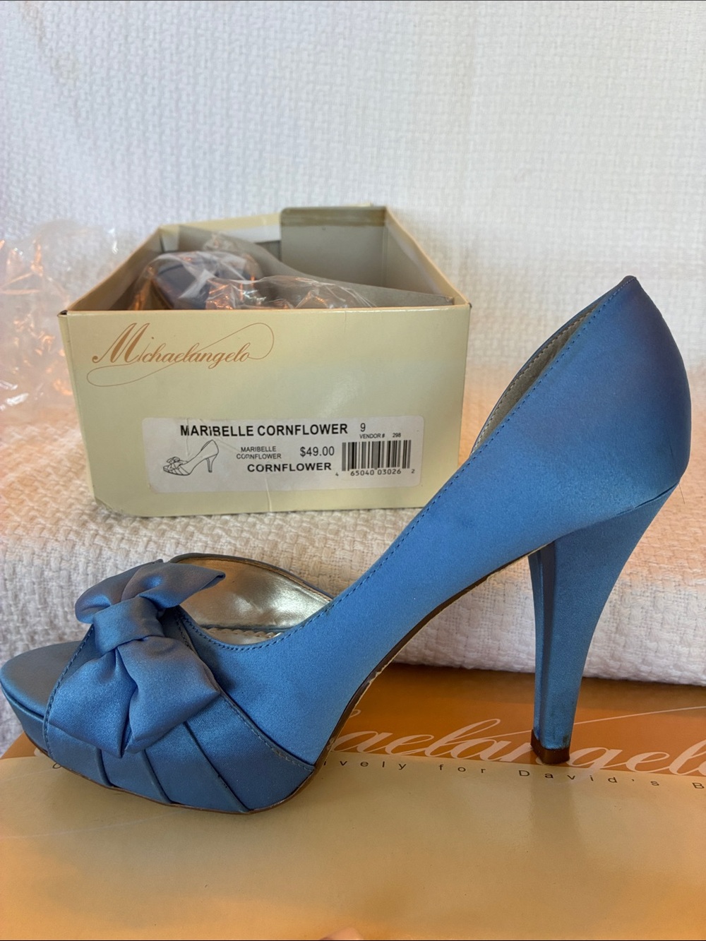 Michaelangelo Cornflower Blue Satin Peep-Toe Pump with Bow